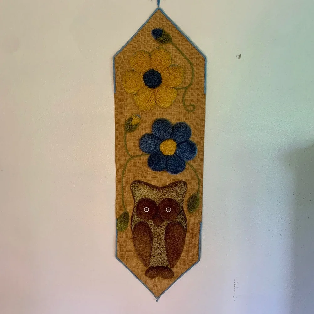 Owl Wall Hanging Vintage Punch‎ Needle Tufted Yarn Burlap Boho 70s Art 42x13